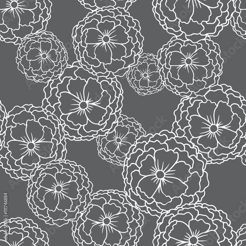 Vector image of seamless pattern of black peonies on a black background. Black flowers with a white stroke. Made in monochrome style. Vector seamless pattern.