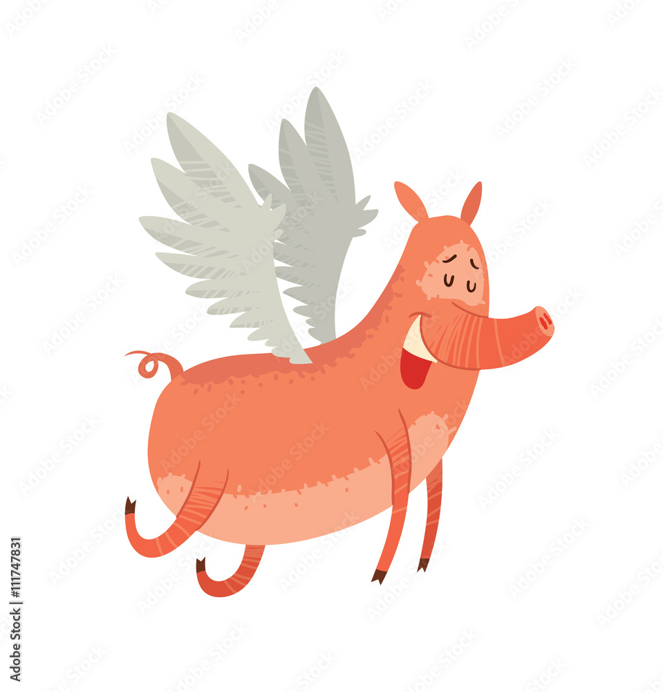 Obraz Vector cartoon image of a funny pink pig with white wings behind his back, flying with his eyes closed, smiling on white background. Cute pig with a long nose. Hand-drawing style. Vector illustration.
