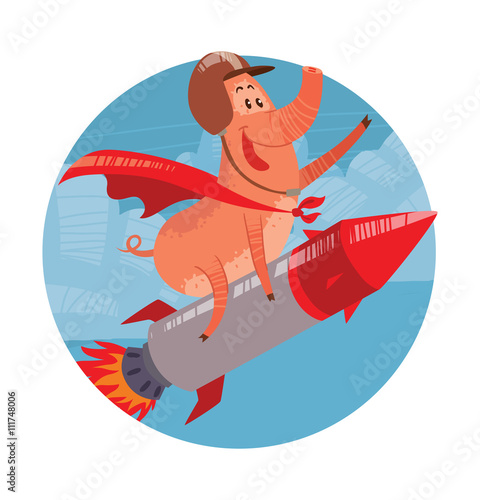 Vector image of a round blue heaven frame with cartoon image of funny pink pig flying astride a metal red-gray rocket in the center on a white background. Cute pig with a long nose. Hand-drawing style
