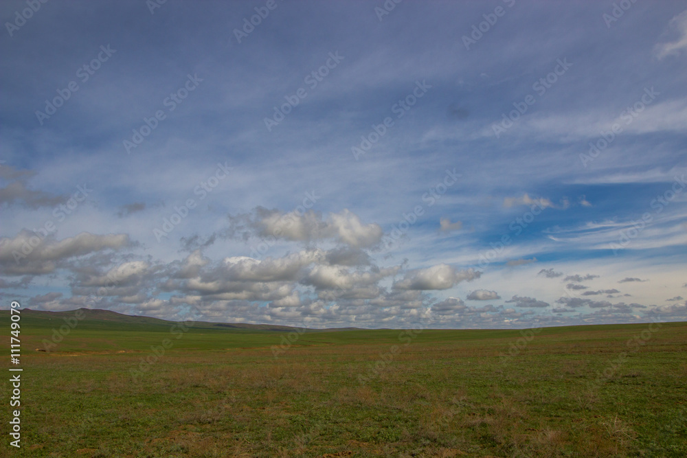 green field and blues sky with clouds - near Almaty Kazakhstan 