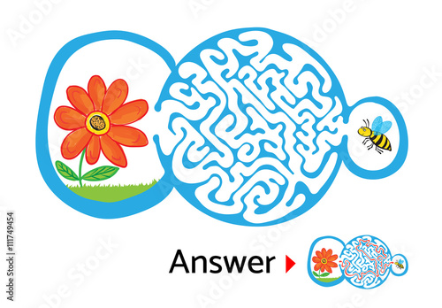 Maze puzzle for kids with bee and flower. Labyrinth illustration, solution included.