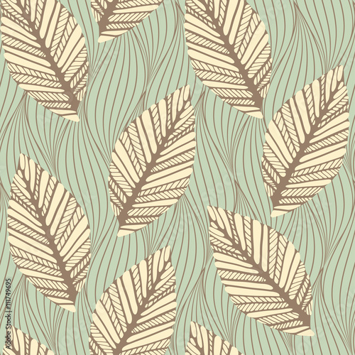 a seamless pattern tile with stylized leaves sliding on water surface in pale blue and brown shades