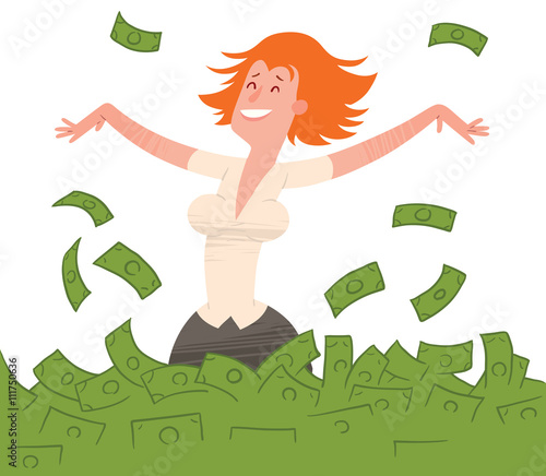 Vector cartoon image of a happy woman with ginger hair in a white blouse and black skirt bathing in the sea of green banknotes on a white background. Bathing in money. Vector business illustration.
