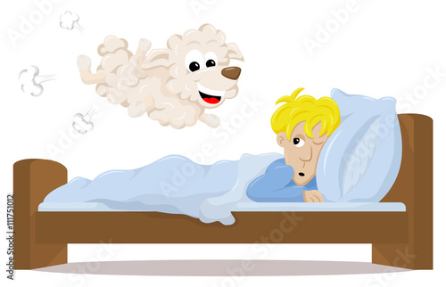 Schafe springen über das Bett eines schlaflosen Mannes 