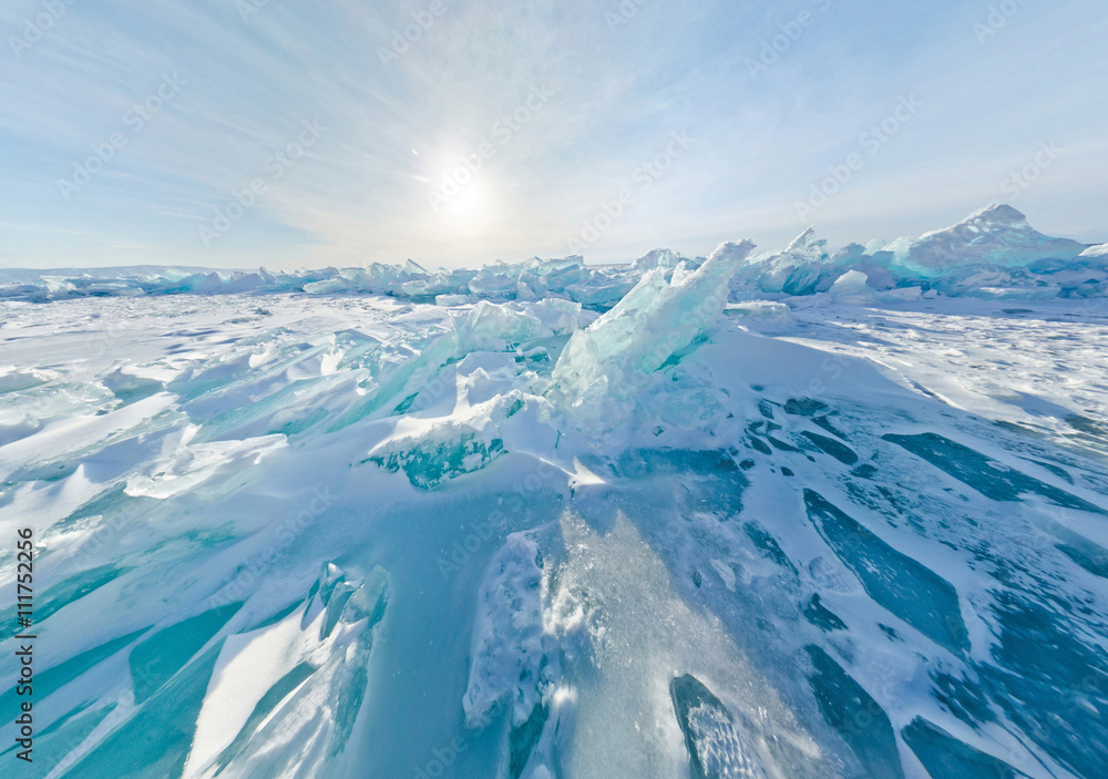 Blue ice hummocks Baikal stereographic panorama, Listvyanka