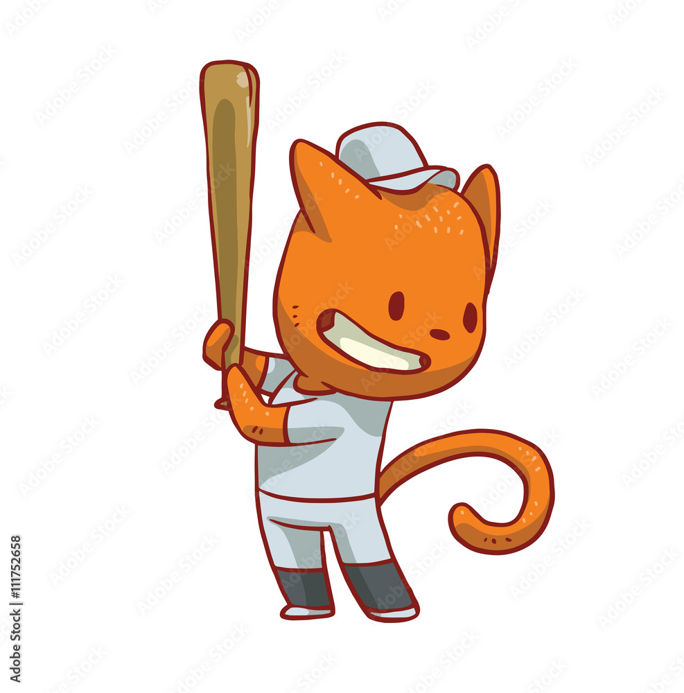Vector cartoon image of a cute orange cat in white pants, T-shirt and cap  with