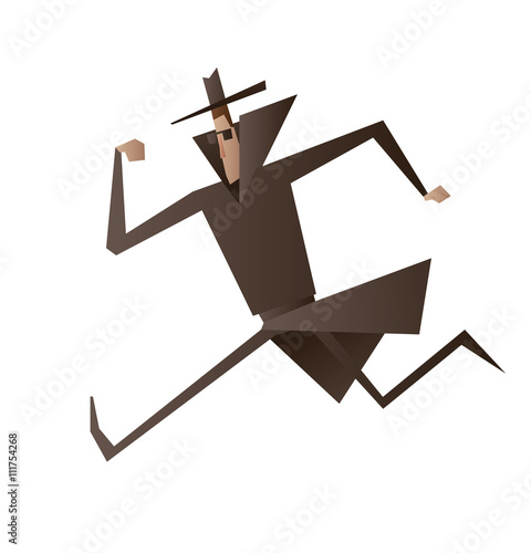 Vector cartoon image of a spy in a black coat, a hat and sunglasses running somewhere on a white background. Espionage, surveillance, paranoia. Big brother is watching you.