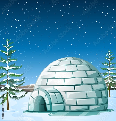 Scene with igloo on snowing day
