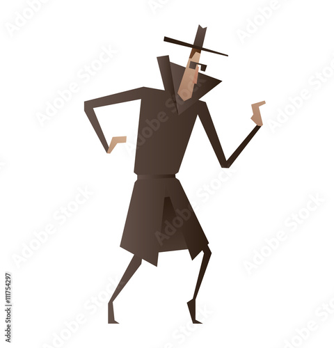 Vector cartoon image of a spy in a black coat, a hat and sunglasses sneaking on tiptoe somewhere on a white background. Espionage, surveillance, paranoia. Big brother is watching you.