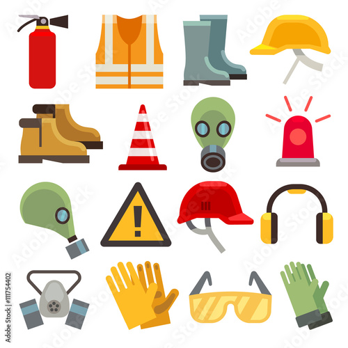 Safety work flat vector icons set. Workwear for safety, shoe and glove safety clothing, helmet and extinguisher illustration