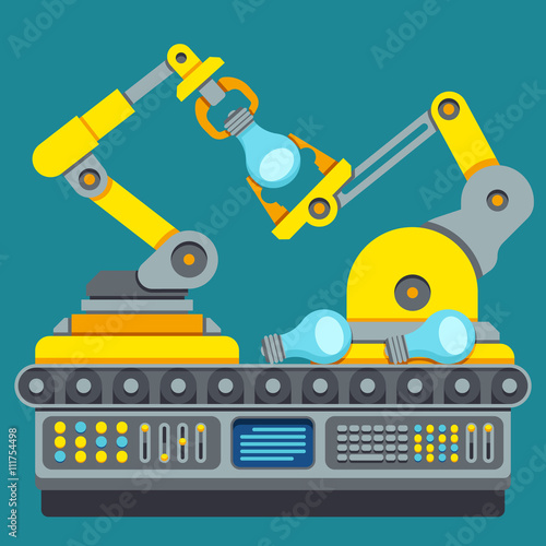 Robotic production line. Manufacturing machine vector concept. Industrial process equipment or factory technology production vector illustration 