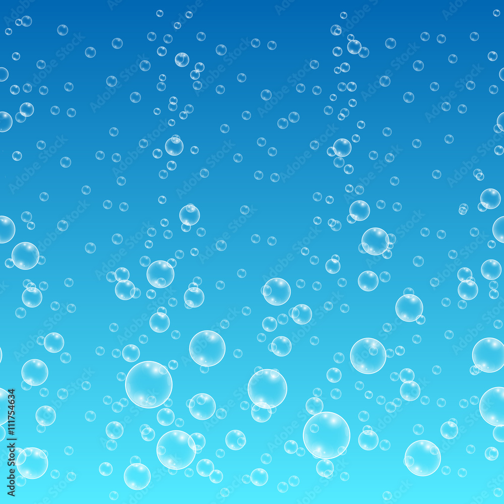Water with bubbles on horizontal seamless blue background. Bubble pattern and water sea clean with air bubble. Vector illustration