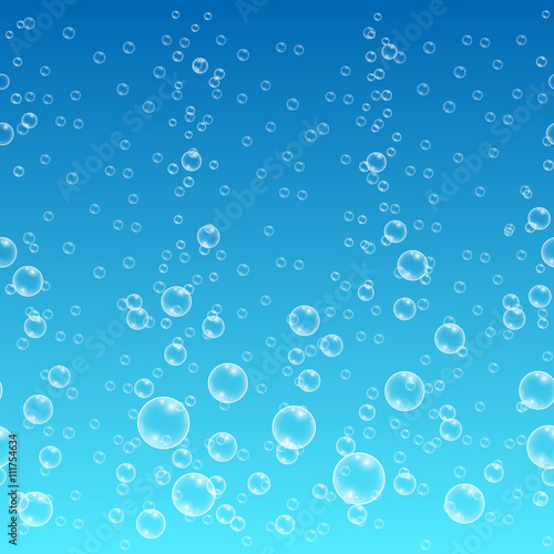 Water with bubbles on horizontal seamless blue background. Bubble pattern and water sea clean with air bubble. Vector illustration