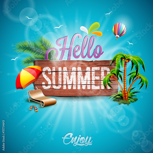 Vector Hello Summer Holiday typographic illustration with tropical plants, flower and hot air balloon on vintage wood background