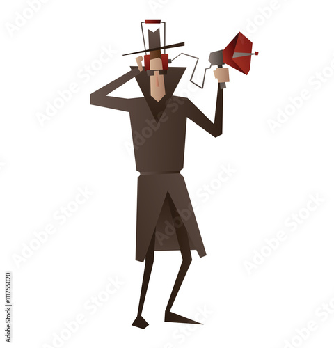 Vector cartoon image of a spy in a black coat, a hat and sunglasses in headphones with the device for wiretapping in hand on a white background. Surveillance, paranoia. Big brother is watching you.