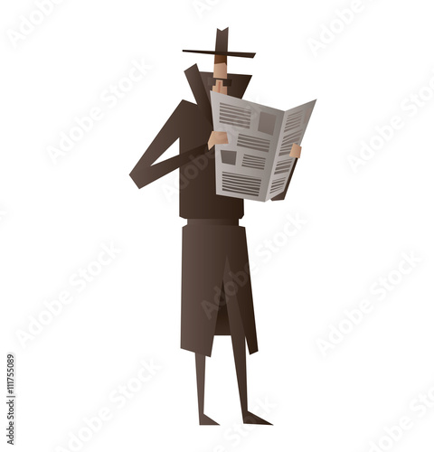 Vector cartoon image of a spy in a black coat, a hat and sunglasses hiding behind a newspaper and spying on a white background. Espionage, surveillance, paranoia. Big brother is watching you.