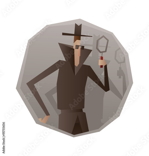 Vector image of a gray round frame with cartoon image of a spy in a black coat, hat and sunglasses with magnifying glass in hand in the center on a white background. Espionage, surveillance, paranoia.