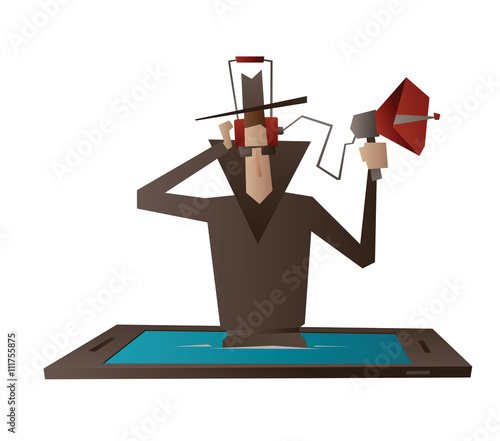 Vector cartoon image of a spy in a black coat, hat and sunglasses, with the device for wiretapping in hand coming out from a black-blue smartphone on a white background. Spying, surveillance, paranoia