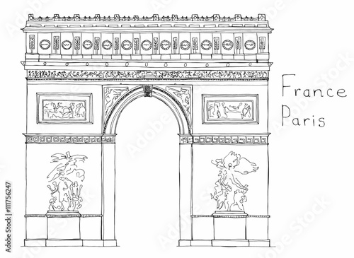 Hand drawn architecture sketch of Arc de Triomphe - Triumphal Arch - Paris France with lettering France Paris vector
