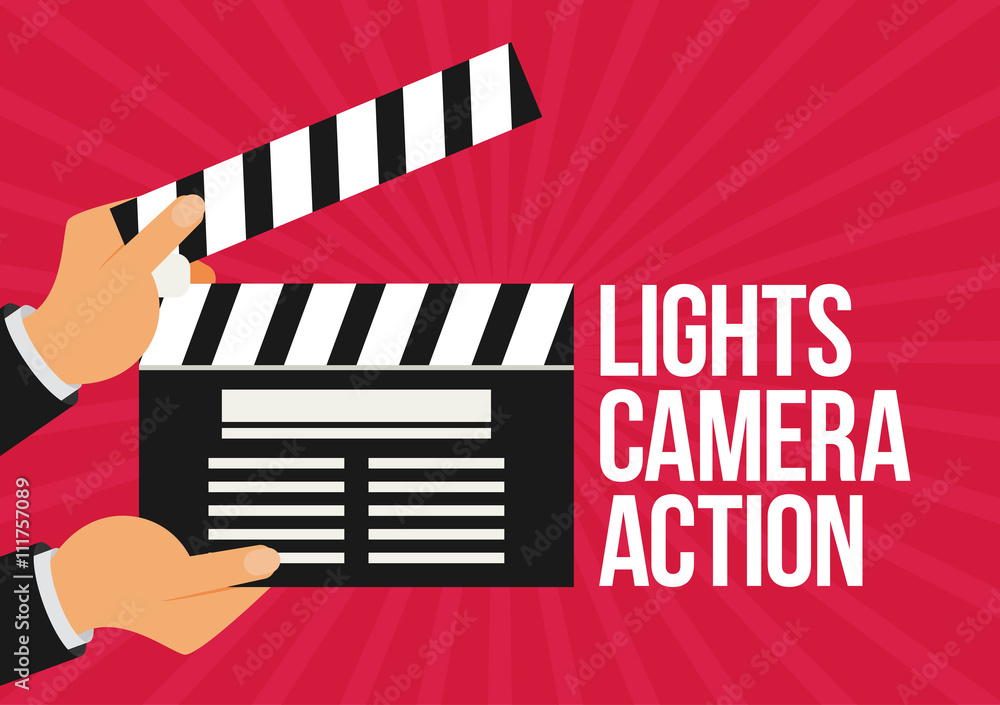 Naklejka premium Cinema vector. Lights, camera, action flat vector