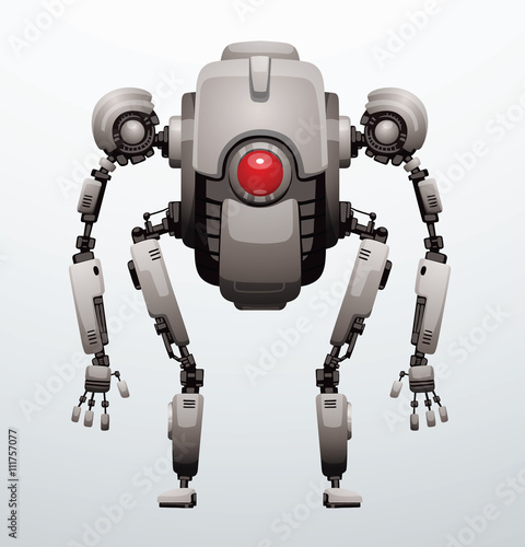 Vector image of funny white robot with two arms and legs, with a red lens in the center of the body standing on a light gray background. Future, technology, modern. Vector humanoid robot.