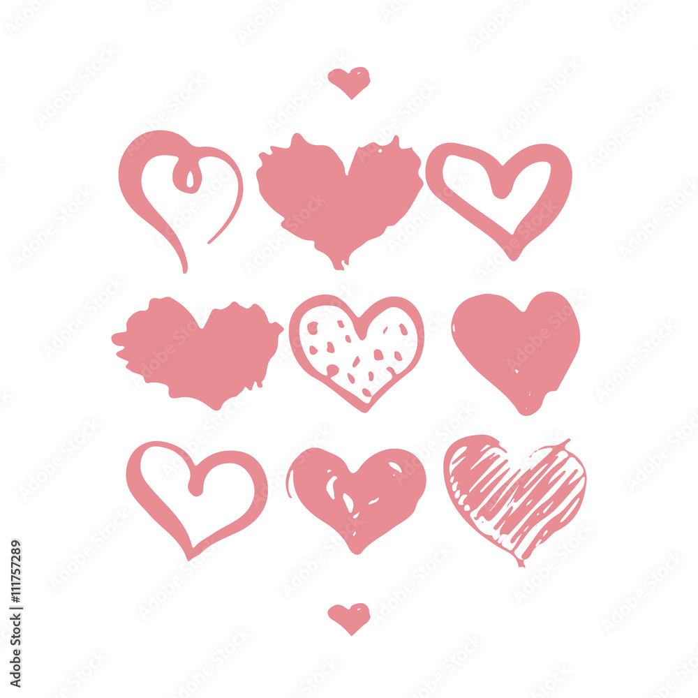 Set of hand drawn hearts isolated on the white background. Monochrome brush ink illustration with hearts.