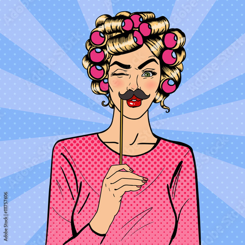 Woman Winks. Attractive Girl with Curlers on her Head. Woman with Photobooth Mustache