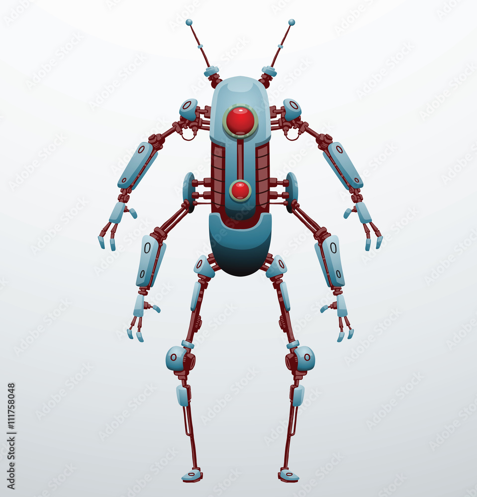 Vector image of funny thin light blue robot with four arms and two legs,  with a