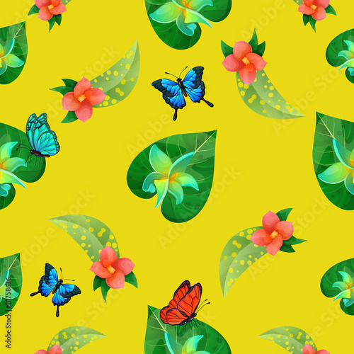 Tropical Flowers. Floral Background. Flowers Seamless Pattern. Exotic Butterflies