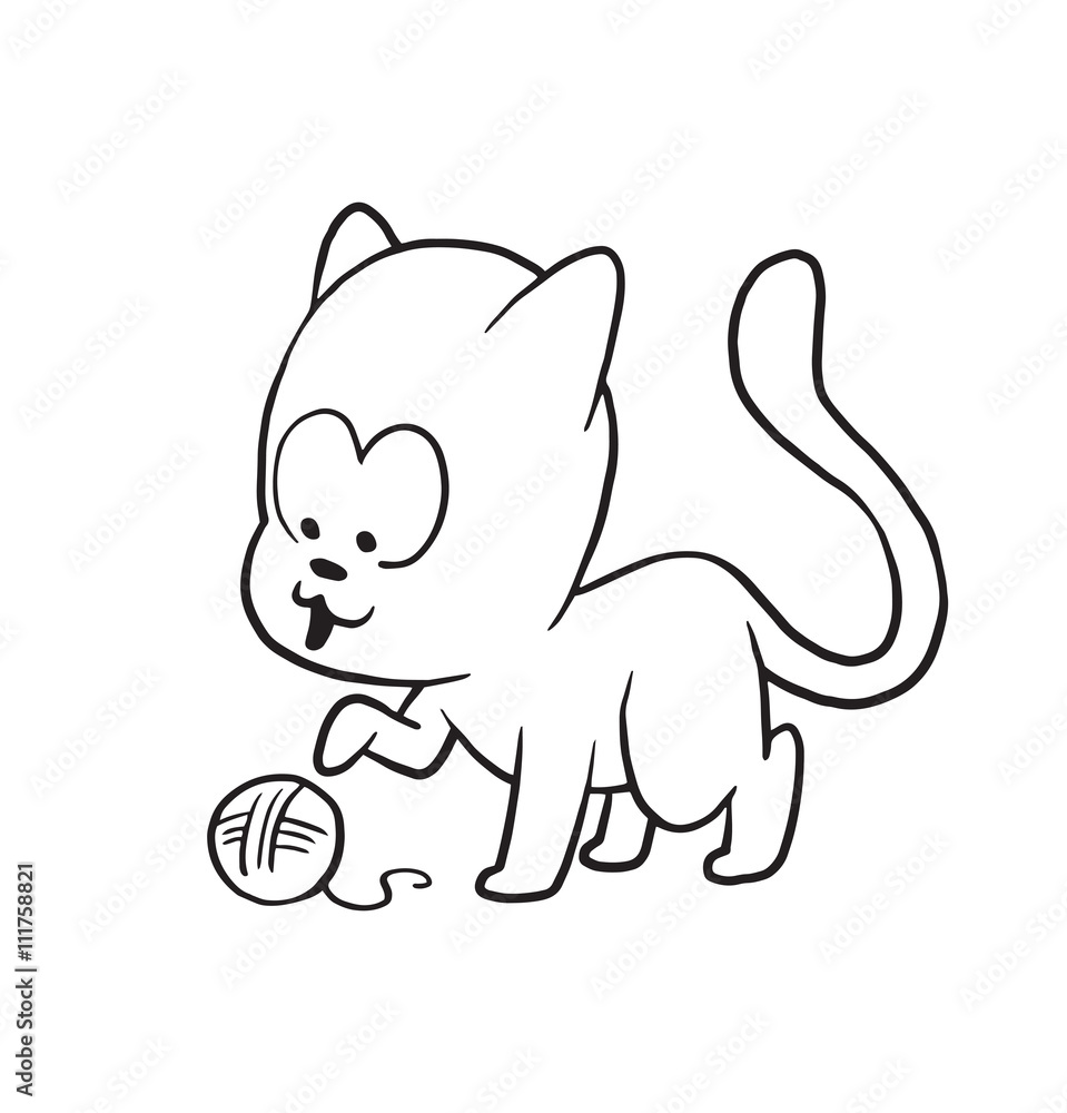 Vector cartoon image of a cute little black-white cat playing with a ball of yarn on a white background. Made in monochrome style. Positive character. Vector illustration.