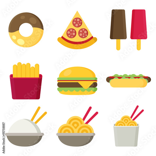 Fast food icons: burger and fries, pizza, hot dog, ice cream