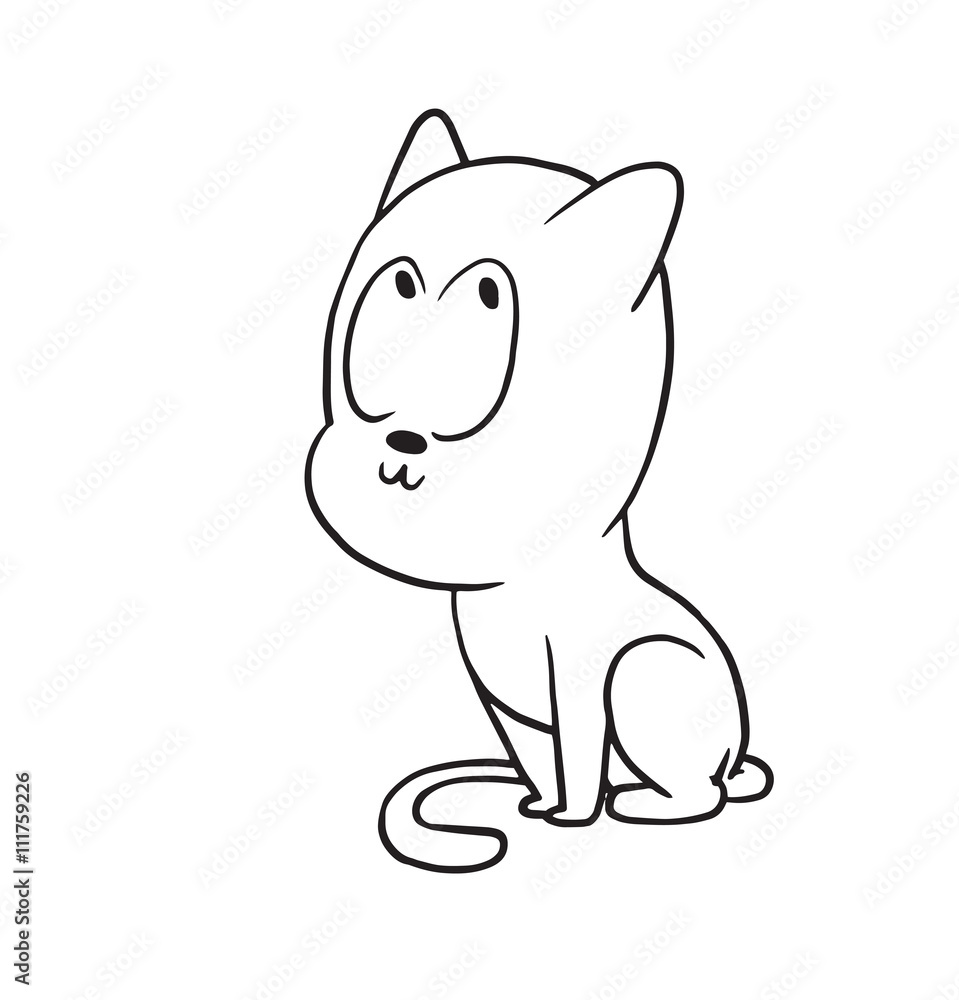 Vector cartoon image of a cute little black-white cat sitting with a thoughtful expression on his face on a white background. Made in monochrome style. Positive character. Vector illustration. Vector cartoon image of a cute little black-white cat sitting with a thoughtful expression on his face on a white background. Made in monochrome style. Positive character. Vector illustration.