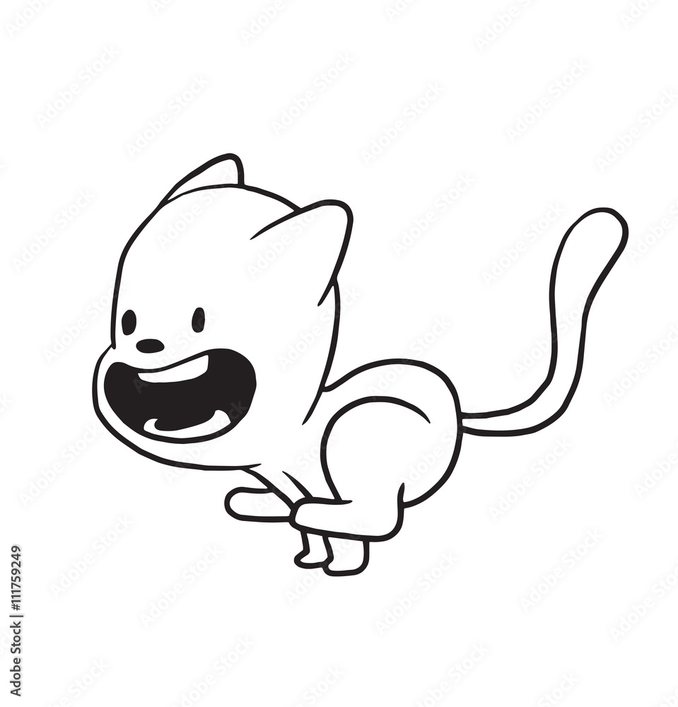 Vector cartoon image of a cute little black-white cat running at full speed with his mouth open on a white background. Made in monochrome style. Positive character. Vector illustration. Vector cartoon image of a cute little black-white cat running at full speed with his mouth open on a white background. Made in monochrome style. Positive character. Vector illustration.