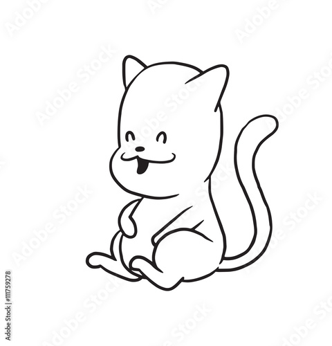 Vector cartoon image of a cute little black-white happy cat sitting after eating to satiety on a white background. Made in monochrome style. Positive character. Vector illustration.