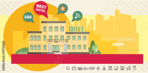 Hotel building in summer vacation, best choise. Flat vector.