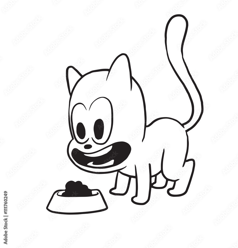 Obraz premium Vector cartoon image of a cute little black-white cat looking with admiration at the bowl with food on a white background. Made in monochrome style. Positive character. Vector illustration.