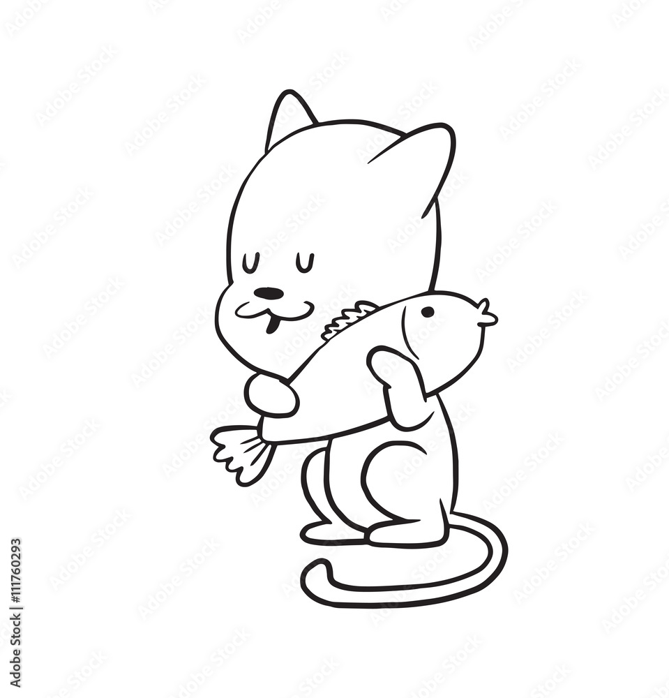 Obraz premium Vector cartoon image of a cute little black-white cat standing and hugging fish by his paws on a white background. Made in monochrome style. Positive character. Vector illustration.