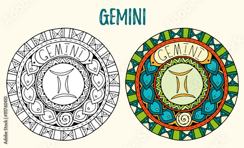 Zodiac signs theme. Black and white and colored mandalas with gemini zodiac sign. Zentangle mandala. Hand drawn mandala zodiac for tattoo art, printed media design, stickers, coloring book pages. 