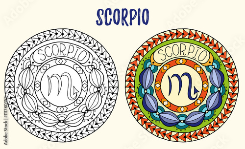 Zodiac signs theme. Black and white and colored mandalas with scorpio zodiac sign. Zentangle mandala. Hand drawn mandala zodiac for tattoo art, printed media design, stickers, coloring book pages. 