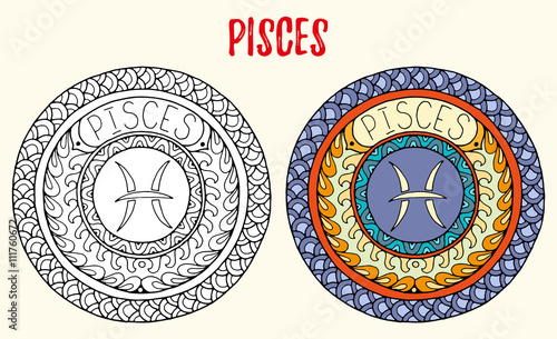 Zodiac signs theme. Black and white and colored mandalas with pisces zodiac sign. Zentangle mandala. Hand drawn mandala zodiac for tattoo art, printed media design, stickers, coloring book pages. 