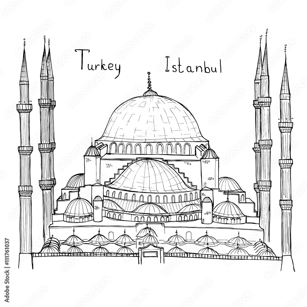 Hand drawn sketch illustration architecture landmark of Turkey Istanbul Blue Mosque(Sultanahmet Mosque) with lettering vector