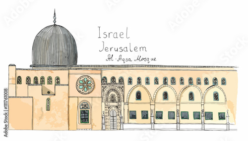Hand drawn architecture sketch of Israel Jerusalem Al-Aqsa Mosque in Old City with lettering colored vector