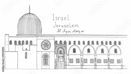 Hand drawn architecture sketch of Israel Jerusalem Al-Aqsa Mosque in Old City with lettering Israel Jerusalem Al-Aqsa Mosque vector