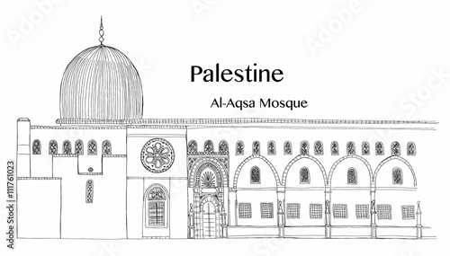 Hand drawn architecture sketch of Jerusalem Al-Aqsa Mosque in Old City with lettering Palestine Al-Aqsa Mosque vector