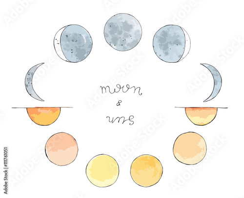 hand drawn art sketch of moon and sun. Moon phases. the sun from sunrise to sunset. Lettering Moon and Sun colored vector