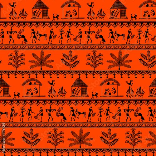 Warli peynting seamless pattern - hand drawn traditional the ancient tribal art India. Pictorial language is matched by a rudimentary technique depicting rural life of the inhabitants of India