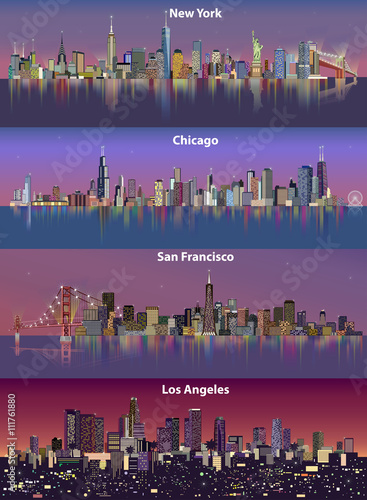 New York, Chicago, San Francisco, Los Angeles cityscapes. United States urban city skylines at night