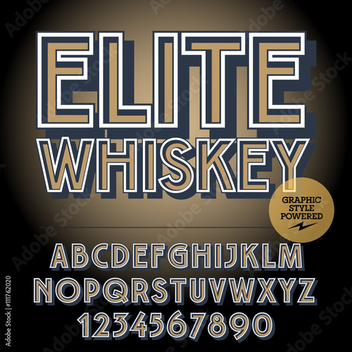 Retro styled set of alphabet letters, numbers and punctuation symbols. Vintage label with text Elite whiskey