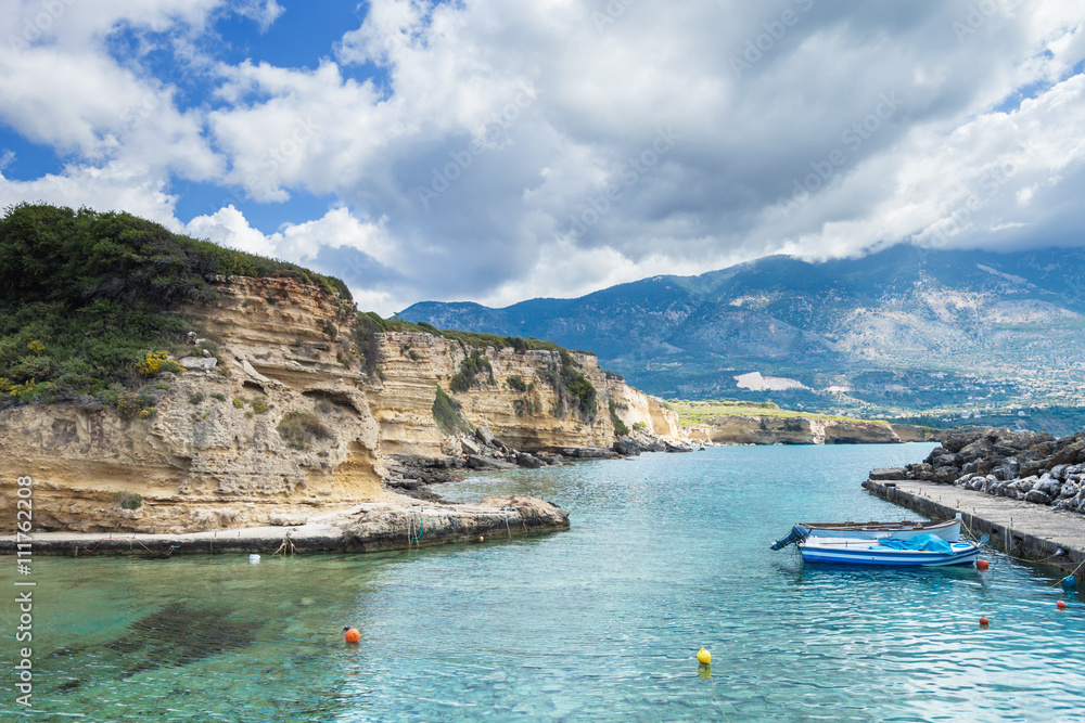 Obraz premium Sailboat harbor small port on Ionian sea, Kefalonia Greece