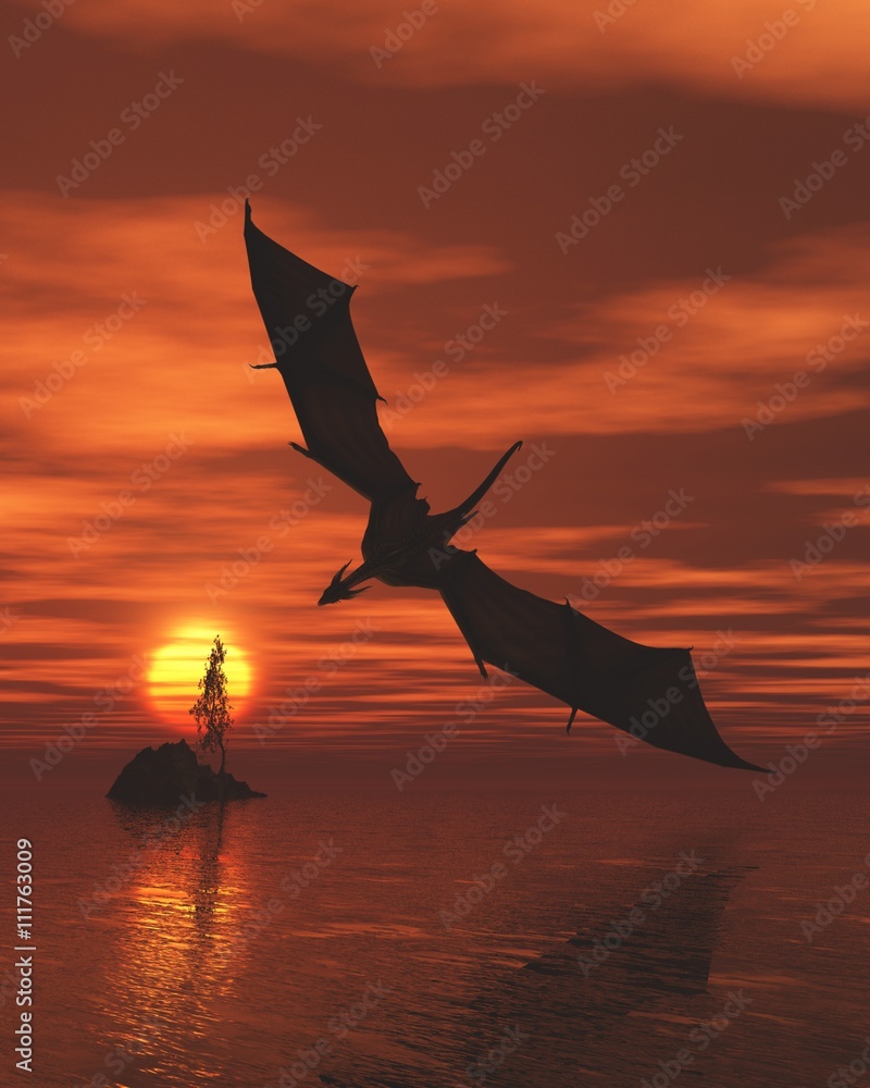 Fototapeta premium Dragon Flying Low Over the Sea at Sunset - fantasy illustration